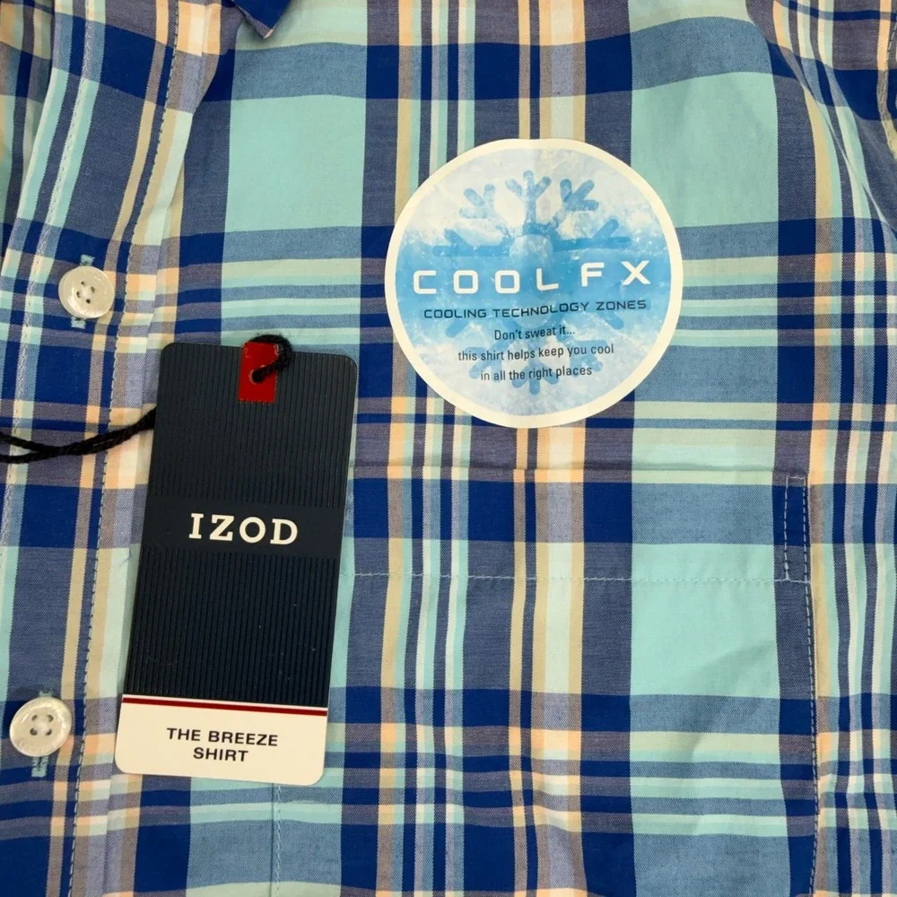 IZOD Shirt Men's Small Gulf Stream Blue Plaid Breeze Cool FX Button Down NWT
